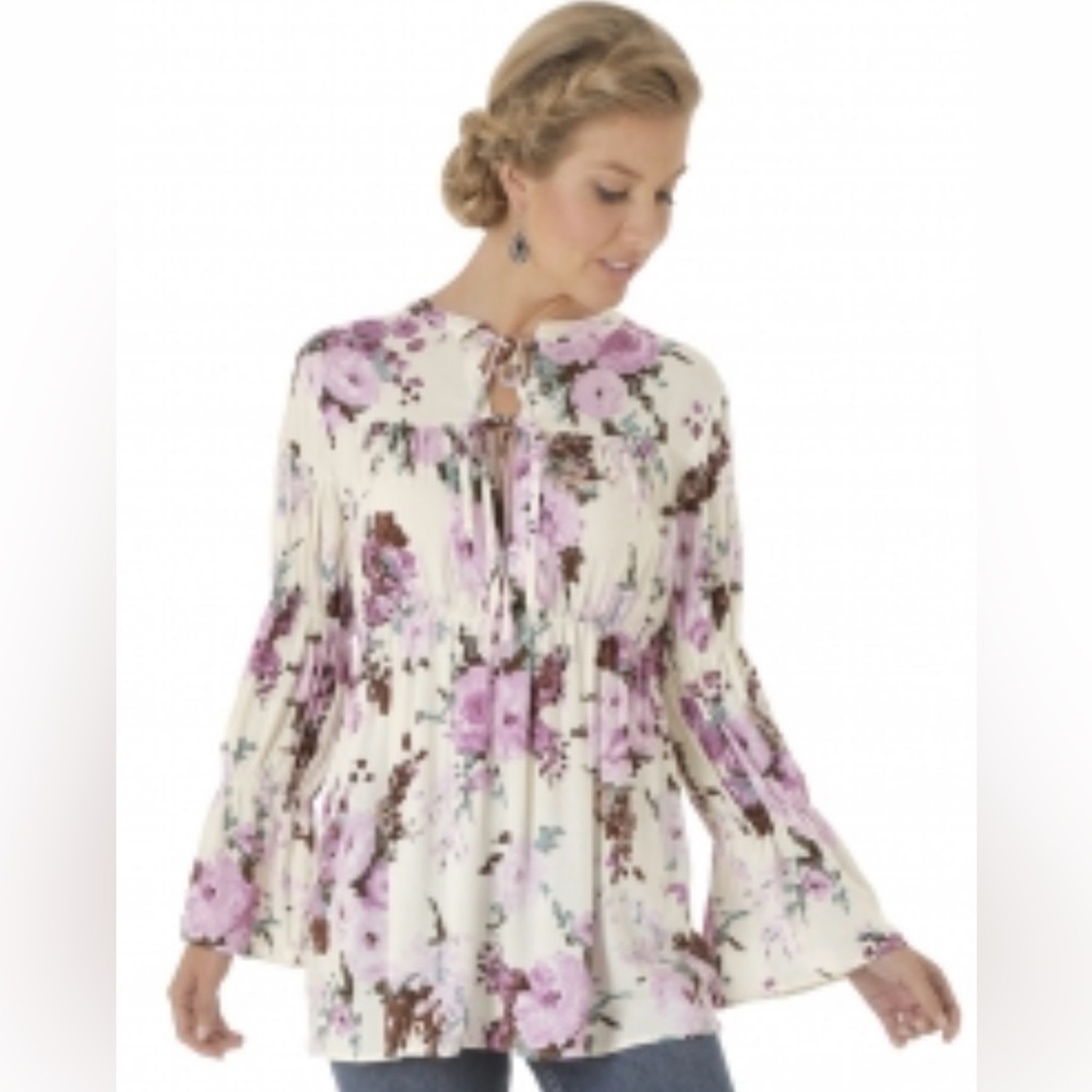 Wrangler Women's Floral Bell Sleeve White V-Neck Blouse Size S